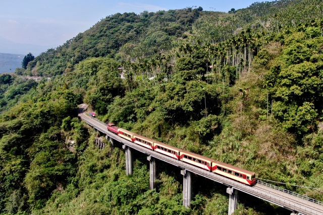 阿里山小火車行駛於樟腦寮大橋(吳明翰拍攝)