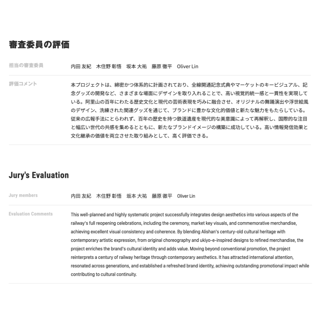 日本Good Design Award對於「阿里山林業鐵路全線通車系列活動行銷」執行成果相關評語