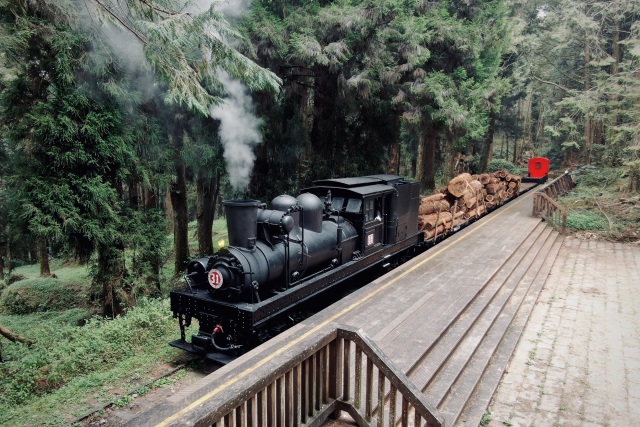 蒸気機関の伐採列車と水山ホーム